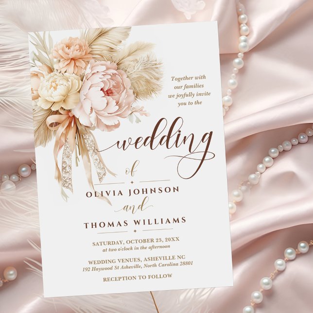 Boho style Chic Elegant Bow Creamy Floral Wedding  Invitation (Creator Uploaded)