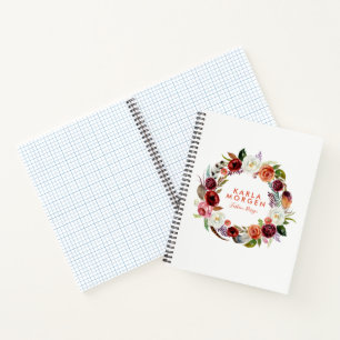 Boho style colorful flowers wreath notebook