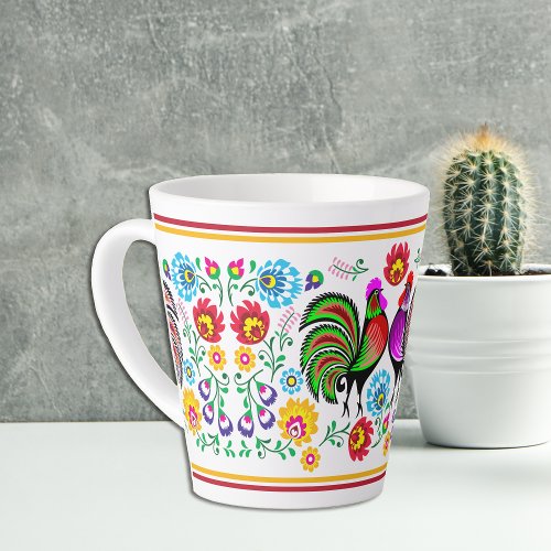 Boho Style Colorful Rooster Pattern Latte Mug