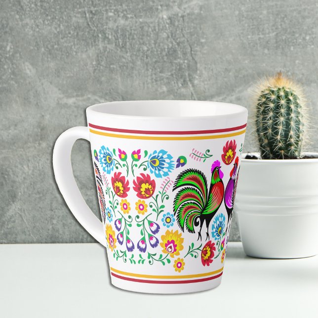 Boho Style Colorful Rooster Pattern Latte Mug (Creator Uploaded)