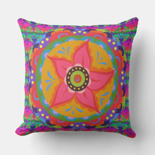 Boho Style | Coral Floral Motif Throw Pillow (Front)