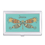 Boho Style Dragonfly Art Teal Personalised Business Card Case