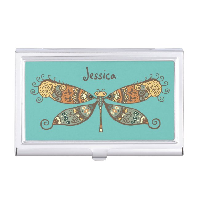 Boho Style Dragonfly Art Teal Personalised Business Card Case (Front)
