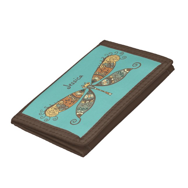 Boho Style Dragonfly Art Teal Personalised Trifold Wallet (Bottom)