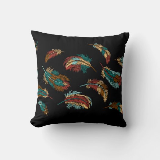 Boho Style Embroidered Colorful Feathers Black