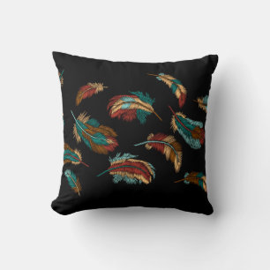 Boho Style Embroidered Colorful Feathers Black Throw Pillow
