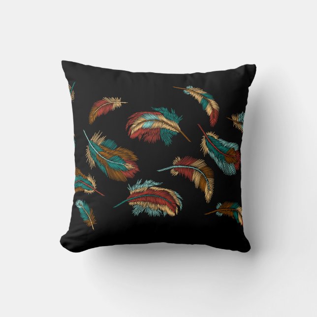 Boho Style Embroidered Colorful Feathers Black Throw Pillow (Front)