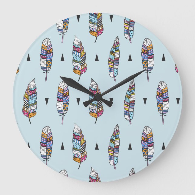 Boho Style Feather Hand Drawn Large Clock (Front)