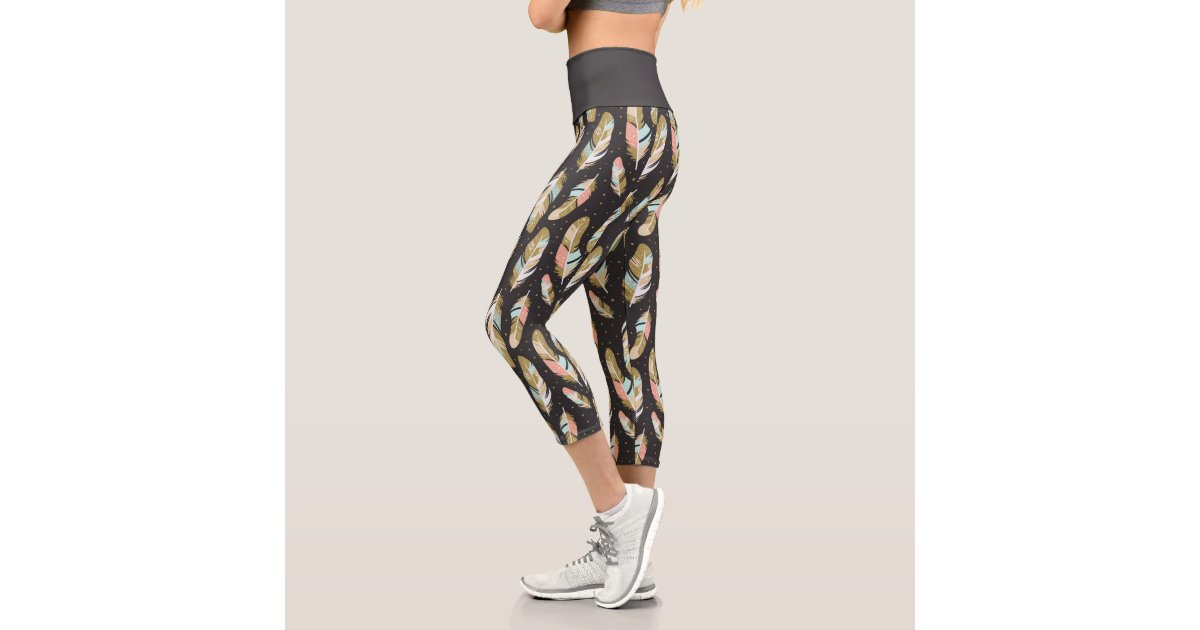 Boho Style Feathers Pattern Capri Leggings Zazzle