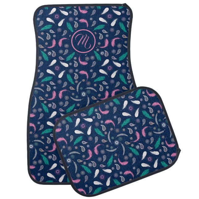 boho style feathers pattern. monogram. car floor m mat (Set)