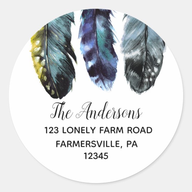 Boho Style Feathers Round Return Address Labels (Front)