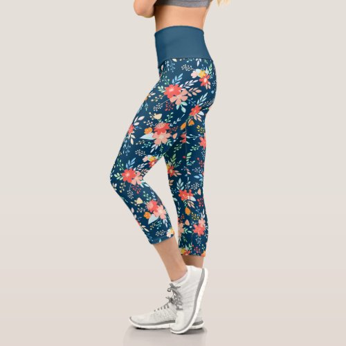 Boho Style Floral Pattern on Blue Capri Leggings