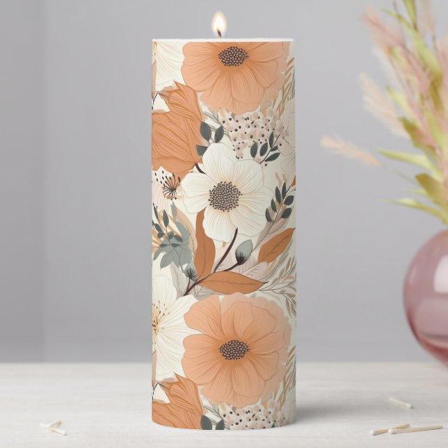 Boho style flowers pattern light colors pillar candle (In Situ)