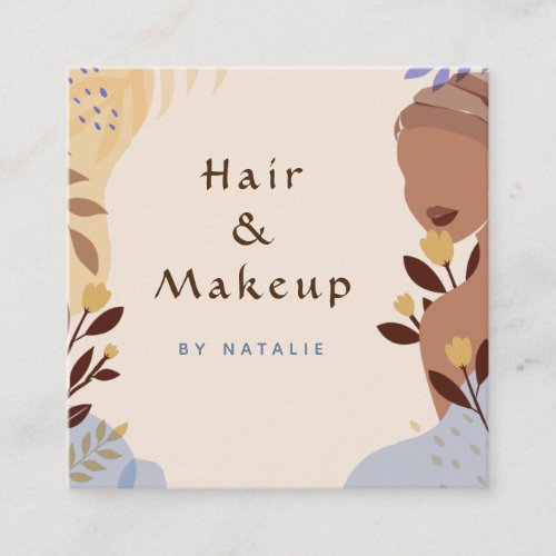 Boho Style Girl Illustration Makeup Hair Earthy Square Business Card