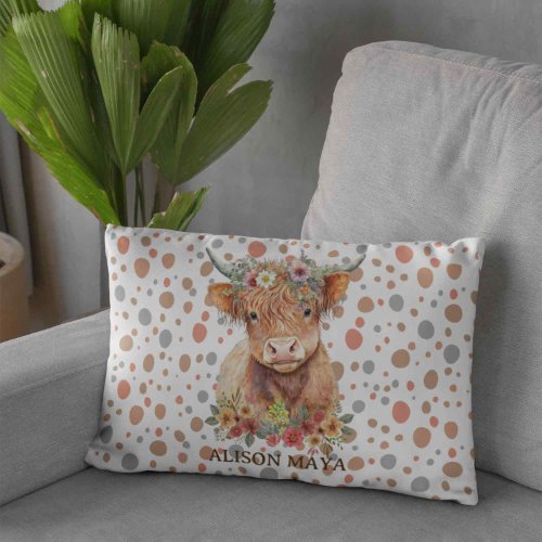 Boho Style Highland Cow Natural Cute Floral Design Accent Pillow