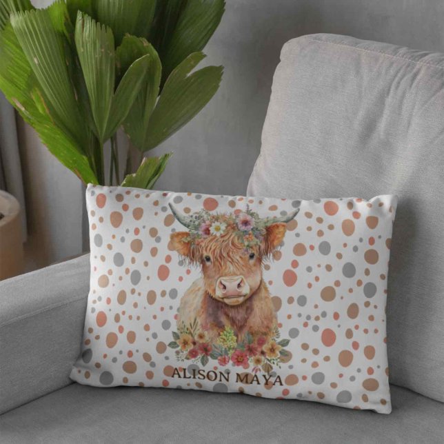 Boho Style Highland Cow Natural Cute Floral Design Accent Pillow (Creator Uploaded)