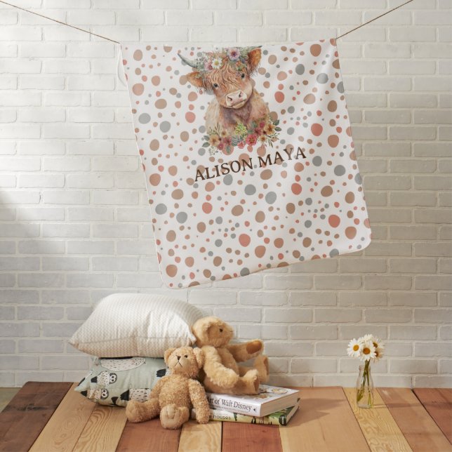 Boho Style Highland Cow Natural Cute Floral Design Baby Blanket (In Situ)