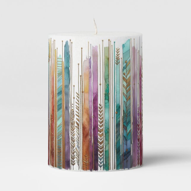 Boho style in alcohol ink stripes  pillar candle (Front)
