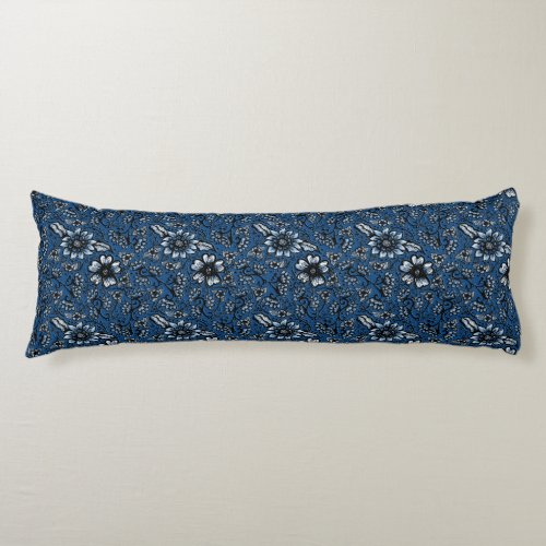 Boho Style Large Flowers  Classic Blue Hues Body Pillow