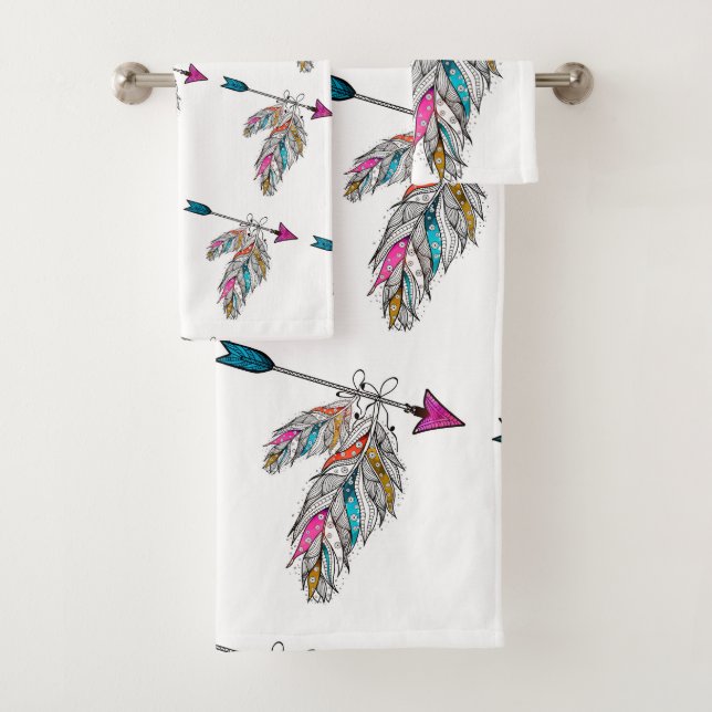 boho style ornamental feathers hanging bath towel set (Insitu)