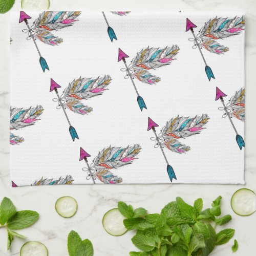 boho style ornamental feathers hanging kitchen towel