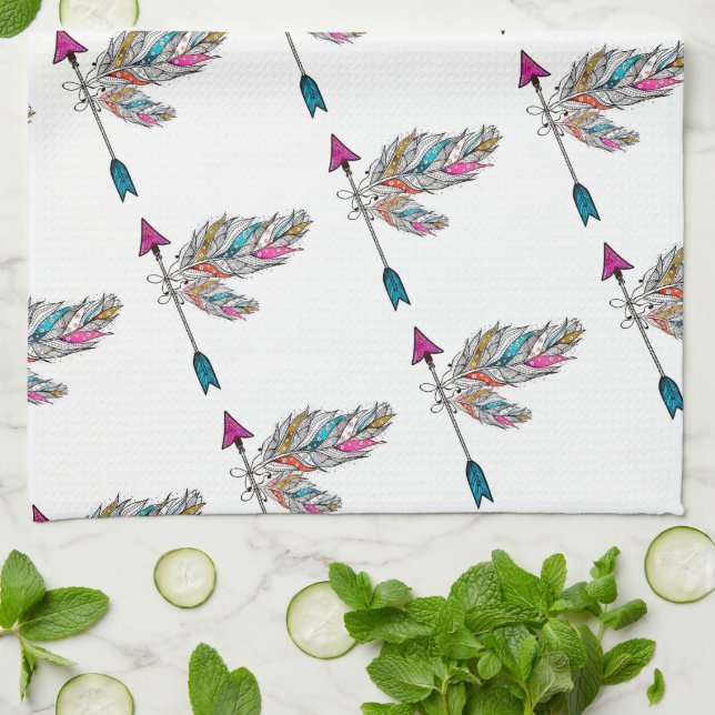 boho style ornamental feathers hanging kitchen towel (Folded)