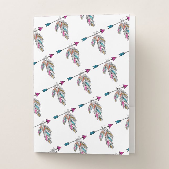 boho style ornamental feathers hanging pocket folder (Front)