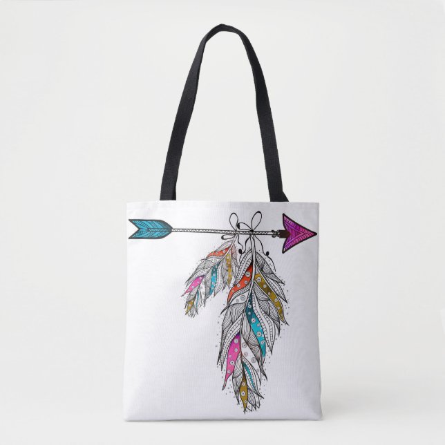 boho style ornamental feathers hanging tote bag (Front)
