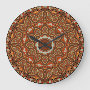 Boho Style Paisley Kaleidoscope Acorn Brown Large Clock