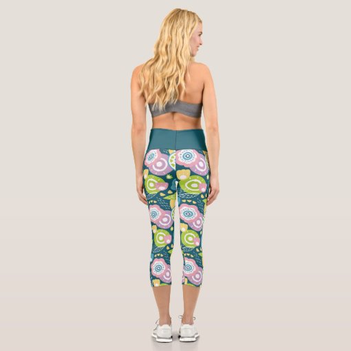 Boho Style Pink Green Blue Floral Pattern Capri Leggings Zazzle