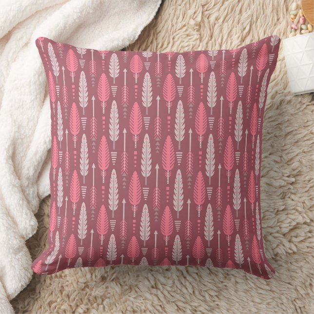 boho style retro ethnic feather pink pattern throw pillow (Blanket)