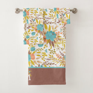 Boho Style Summer Wildflowers Pattern Monogram Bath Towel Set