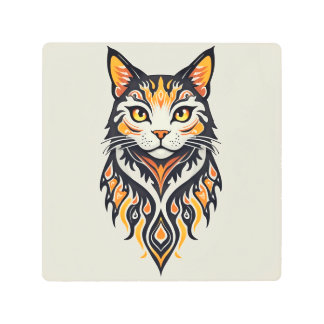 Boho Style Symmetrical Feline Illustration Metal Print