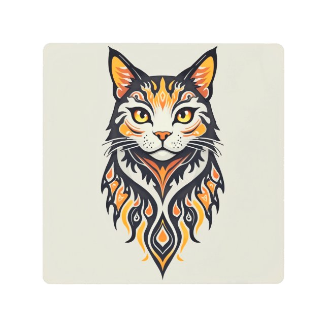 Boho Style Symmetrical Feline Illustration Metal Print (Front)