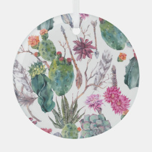 Boho Style, Vintage Cactus Watercolor. Glass Ornament