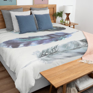 Boho Style Watercolor Birds Feathers Blue Cream Duvet Cover
