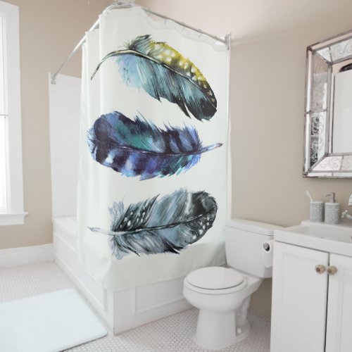 Boho Style Watercolor Birds Feathers Blue Cream Shower Curtain