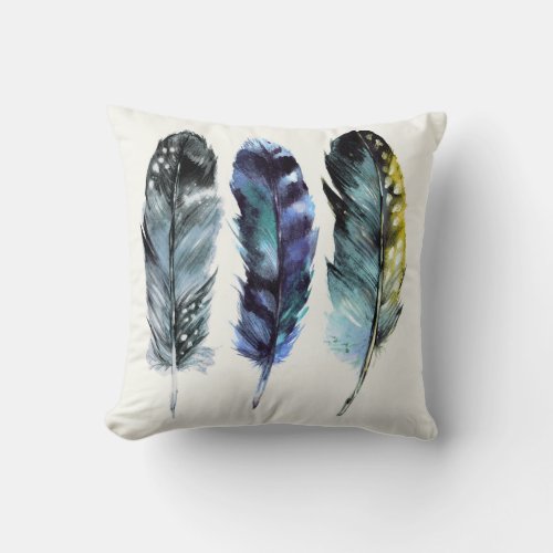 Boho Style Watercolor Birds Feathers Throw Pillow