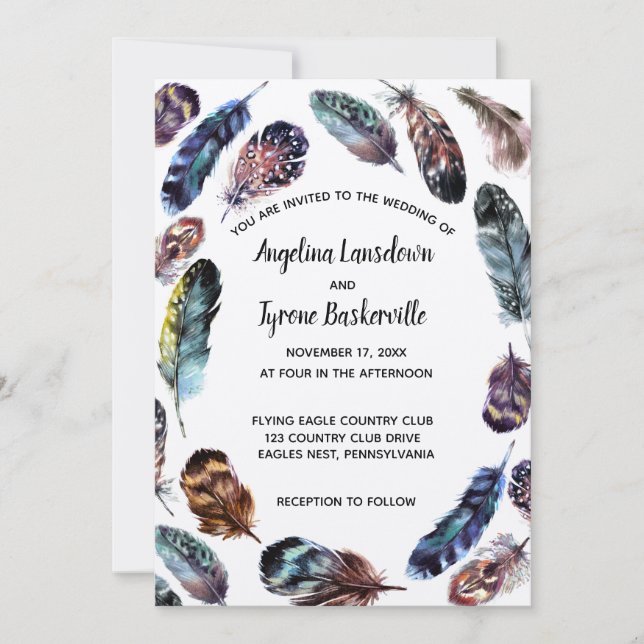 Boho Style Watercolor Feathers Custom Wedding Invitation (Front)