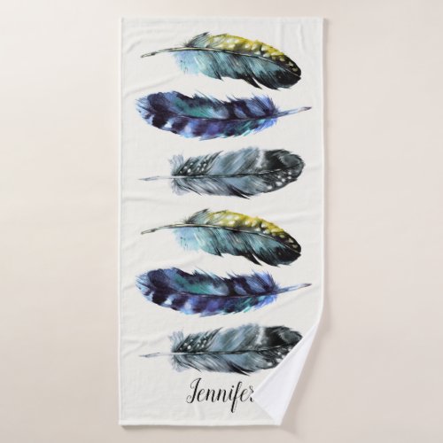 Boho Style Watercolor Feathers Personalized Bath Towel