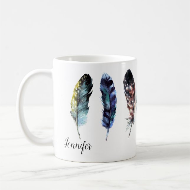 Boho Style Watercolor Feathers Personalized Coffee Mug (Left)
