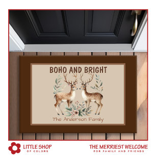 Boho Style Watercolor Reindeer Monogram Christmas Doormat