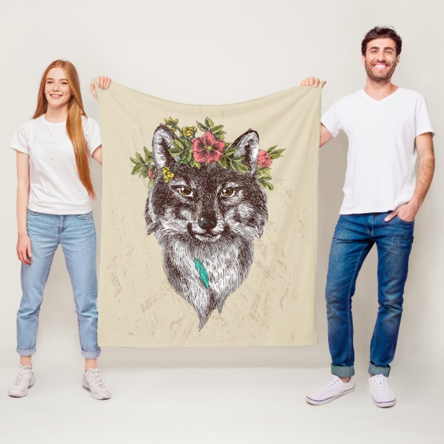 Boho Style Wolf Halo Portrait Fleece Blanket (In Situ)