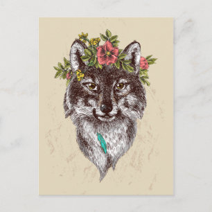 Boho Style Wolf Halo Portrait Postcard