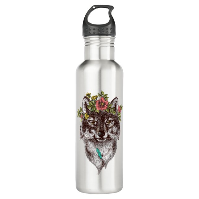 Boho Style Wolf Halo Portrait Stainless Steel Water Bottle (Front)
