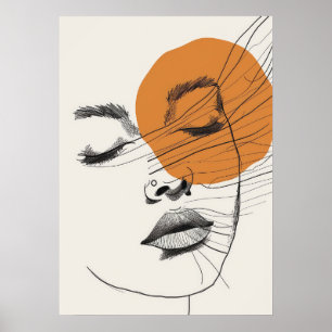 Boho style Woman face sun, Line Art Poster