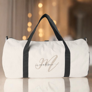 Boho Stylish Script Beige Monogram and Name Duffle Bag
