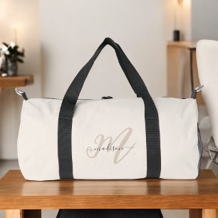 Boho Stylish Script Beige Name and Monogram Duffle Bag