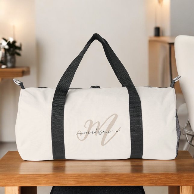Boho Stylish Script Beige Name and Monogram Duffle Bag (Personalize with your name and monogram initial.)
