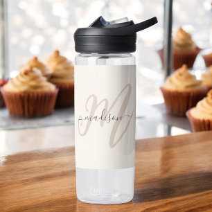 Boho Stylish Script Monogram and Name in Beige Water Bottle